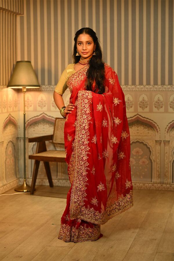 Golden Floral Embroidered Georgette Saree