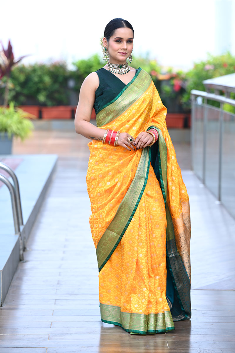 Yellow Maheshwari Silk Saree -Fr