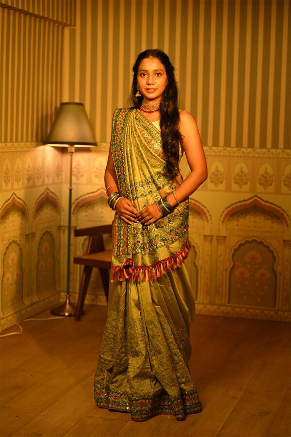 Olive Green Satin Silk Work Saree