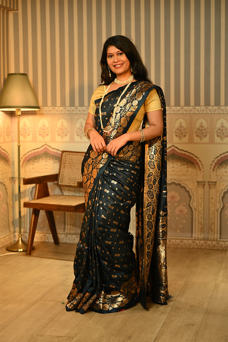 Golden Zari Work Jacquard Silk Saree