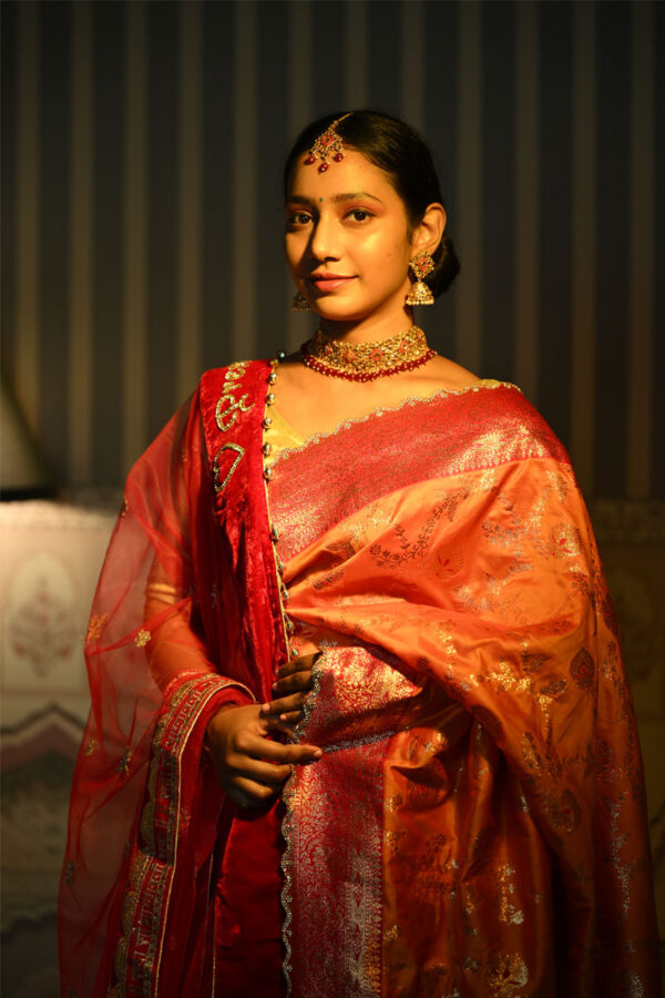 Orange and Pink Banarasi Silk Diamond Border Saree