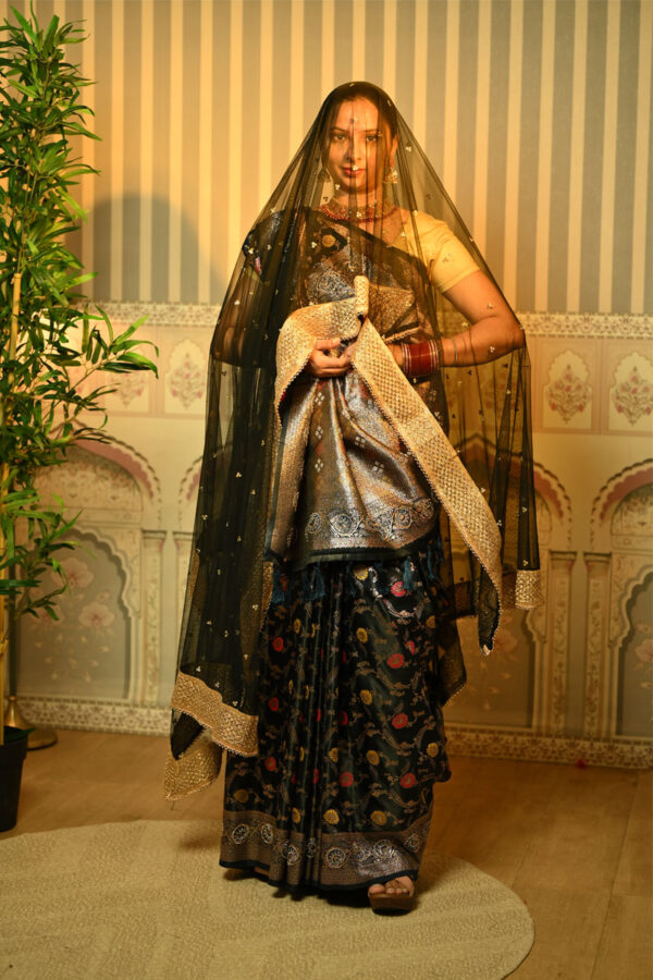 Dark denim blue banarasi zari silk saree