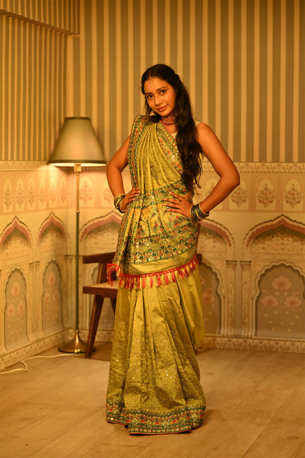 Olive Green Satin Silk Work Saree