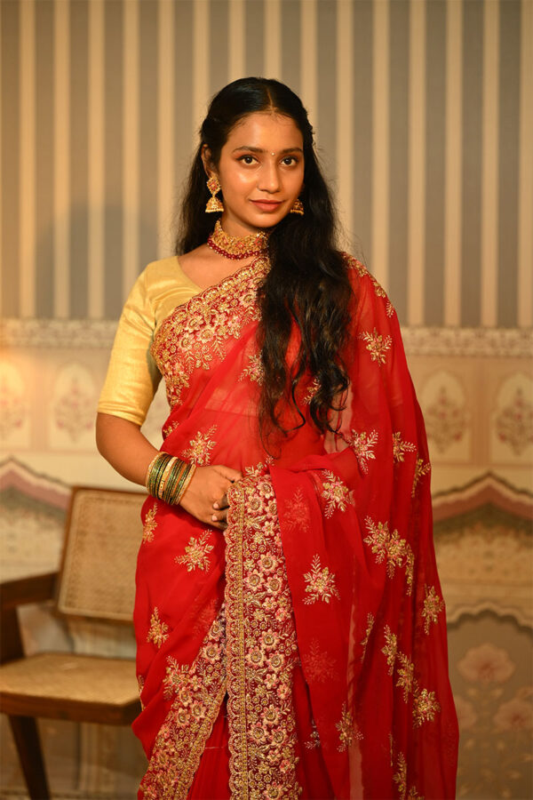 Golden Floral Embroidered Georgette Saree