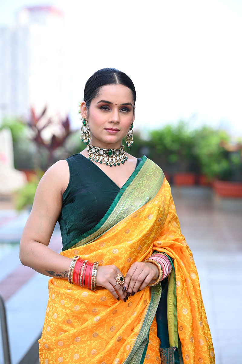 Yellow Maheshwari Silk Saree - front