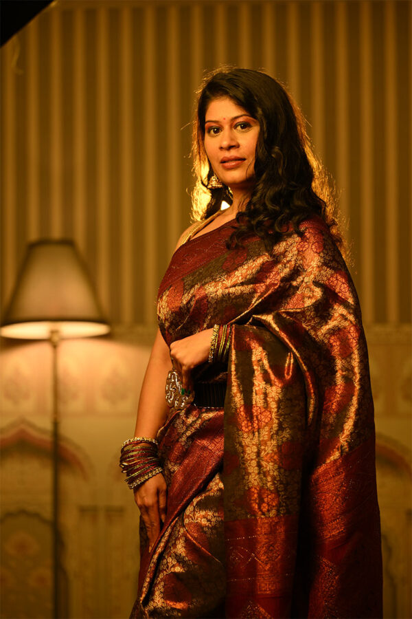 Dark Brown and Maroon Banarasi Silk Saree