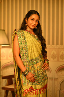 Olive Green Satin Silk Work Saree