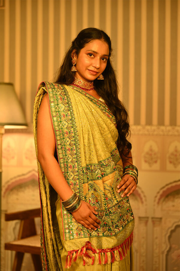 Olive Green Satin Silk Work Saree