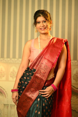 Dark Green and Red Banarasi Silk Blend Saree