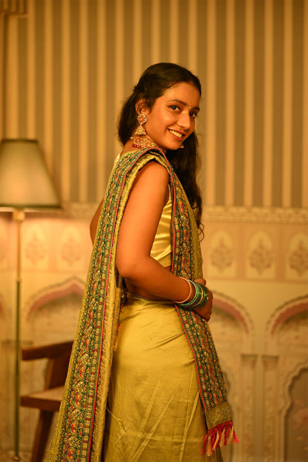 Olive Green Satin Silk Work Saree