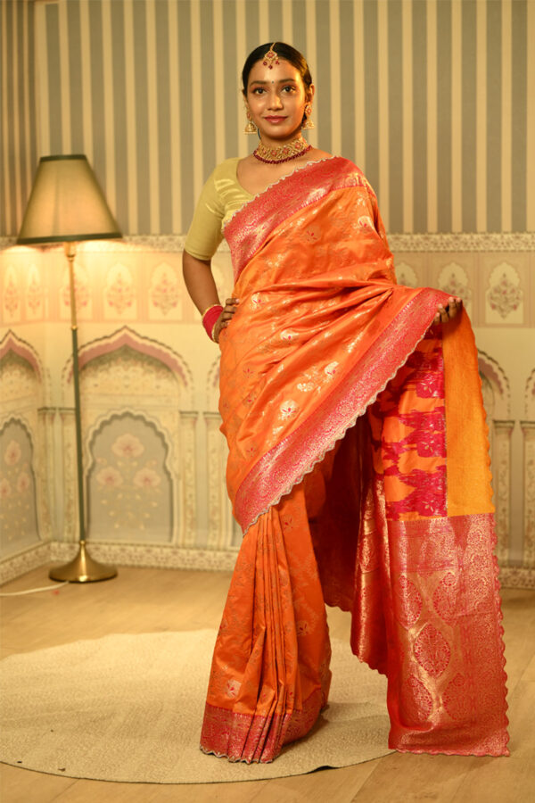 Orange and Pink Banarasi Silk Diamond Border Saree