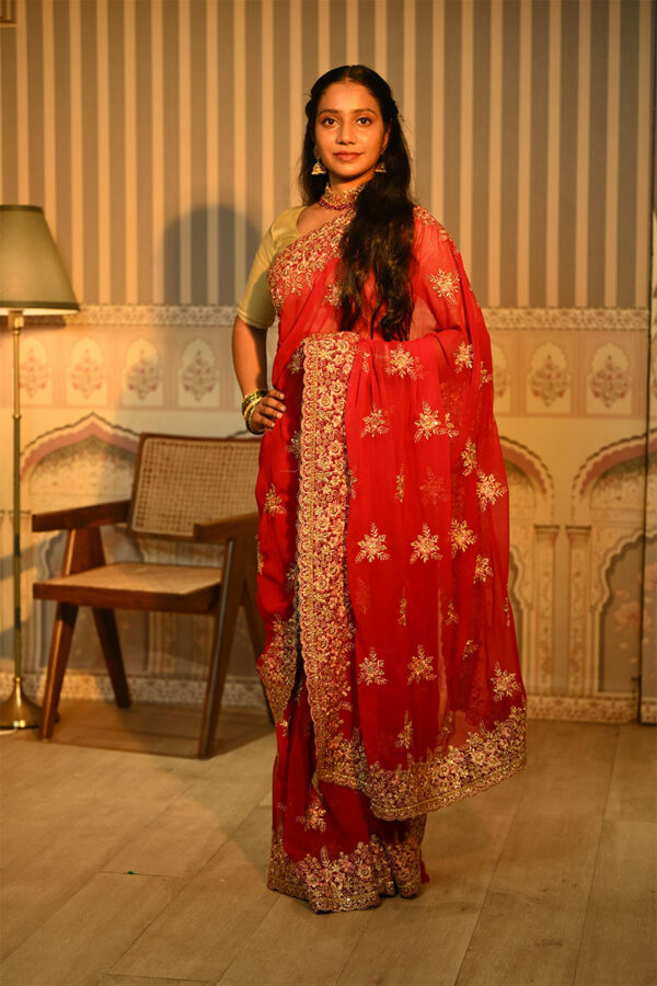 Golden Floral Embroidered Georgette Saree