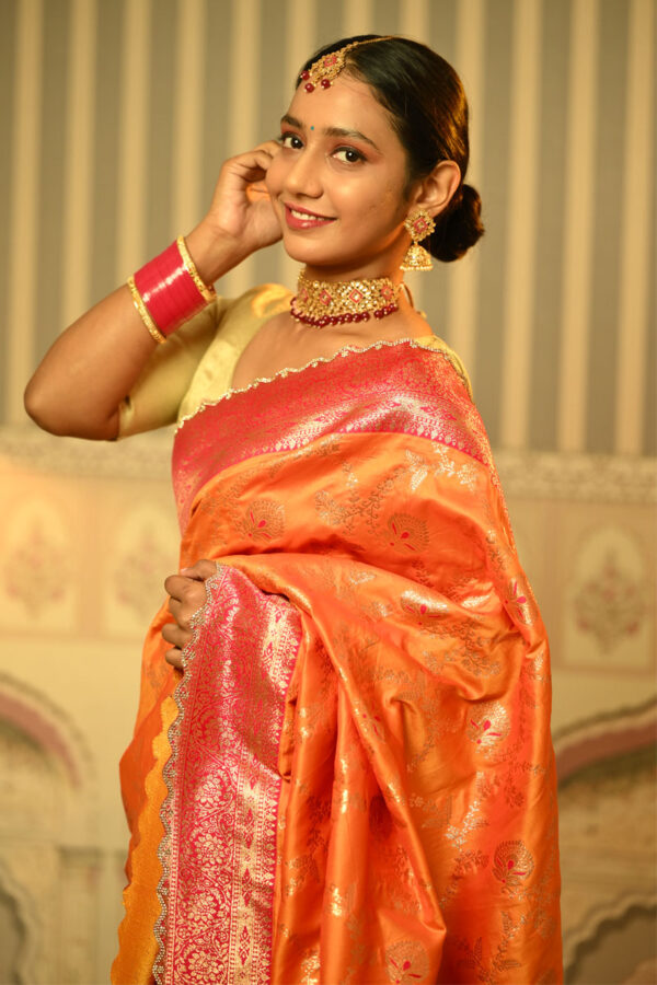 Orange and Pink Banarasi Silk Diamond Border Saree