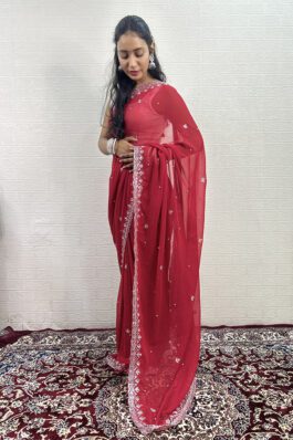 Red Bridal Beautiful Saree with Silver Embroidery