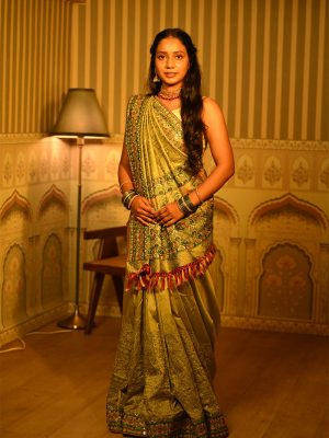 Olive Green Satin Silk Work Saree