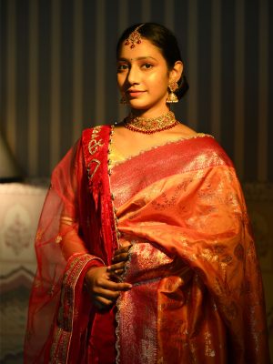 Orange and Pink Banarasi Silk Diamond Border Saree