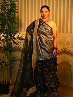 Dark denim blue banarasi zari silk saree